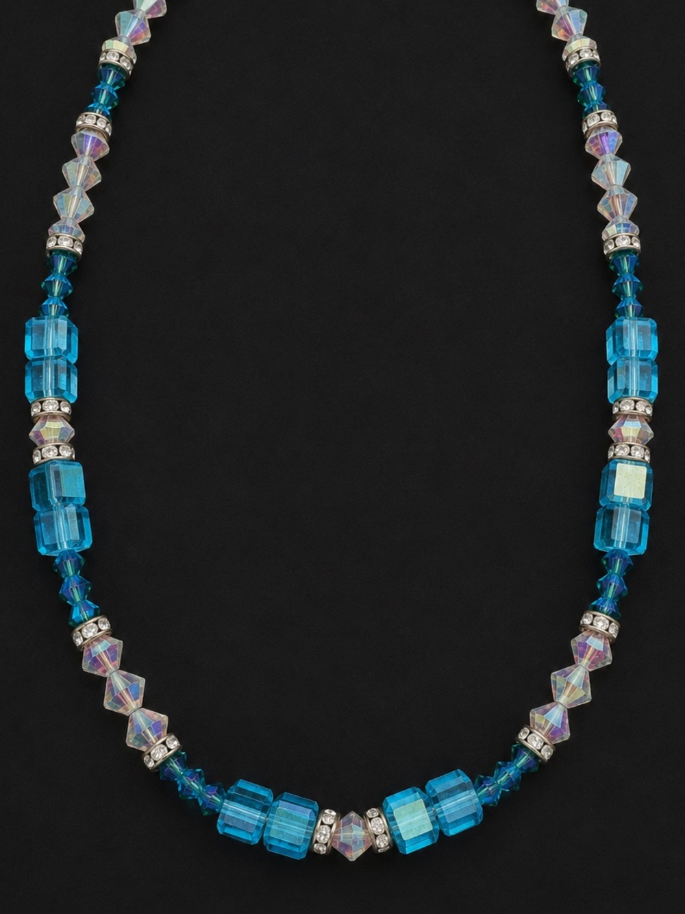 Blue Crystal Beaded Statement Necklace Aurora Borealis Rhinestone 17.5”